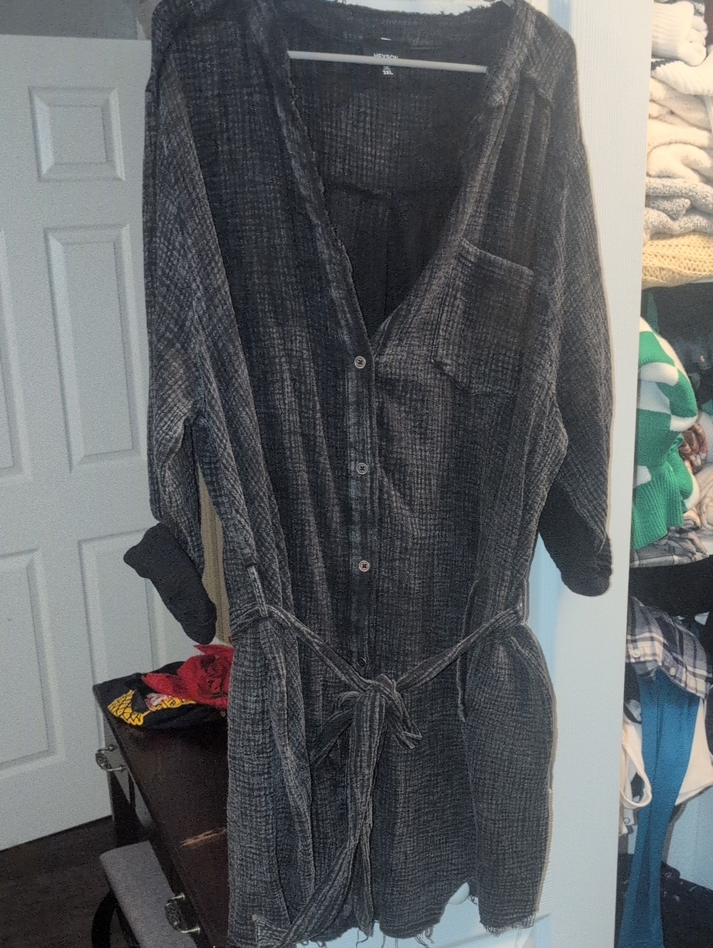 Linen Washed Black Button-Up Tie-Waist Shirt Dress